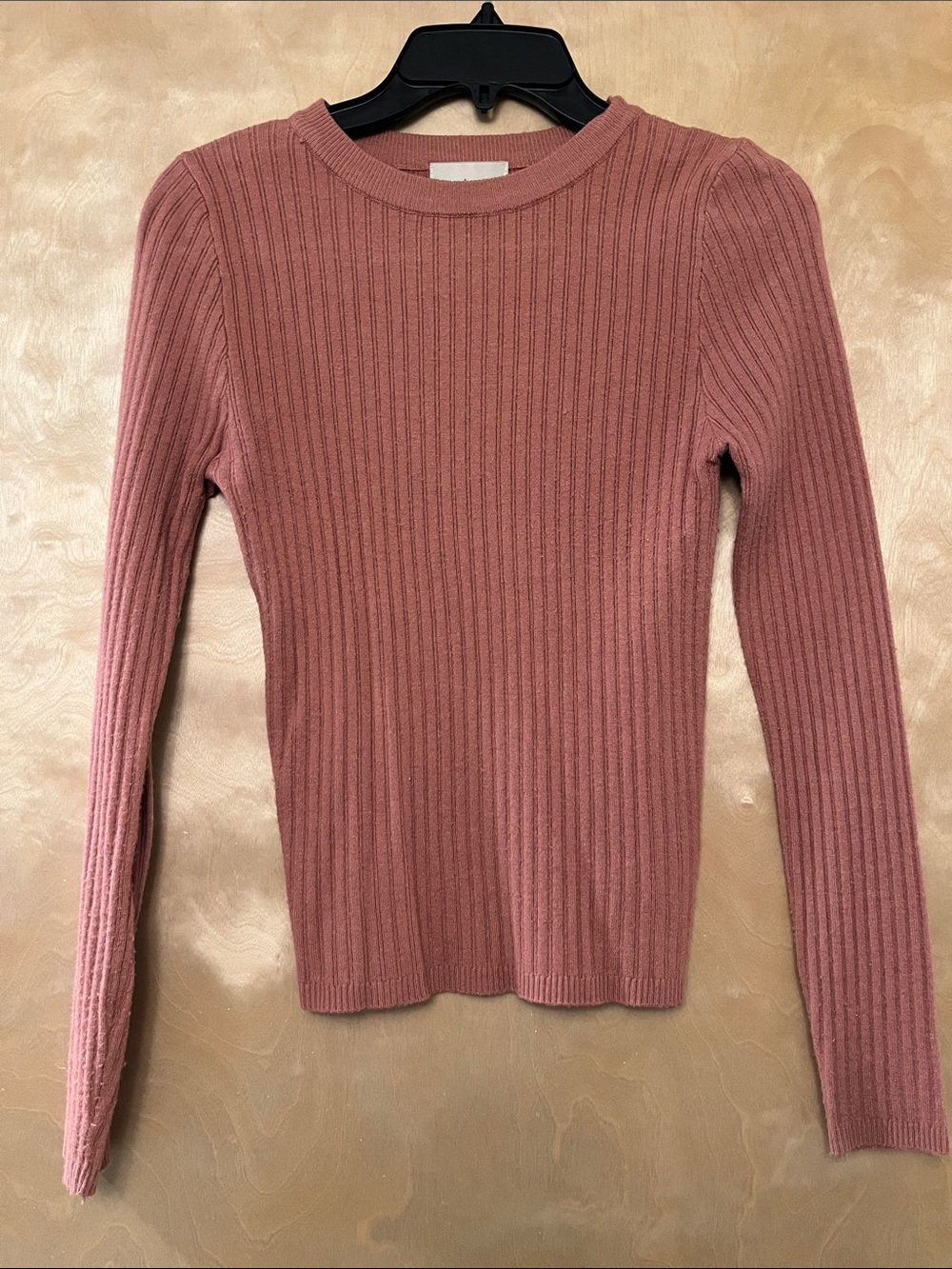 Ribbed Long-Sleeve Crewneck Top in Dusty Rose